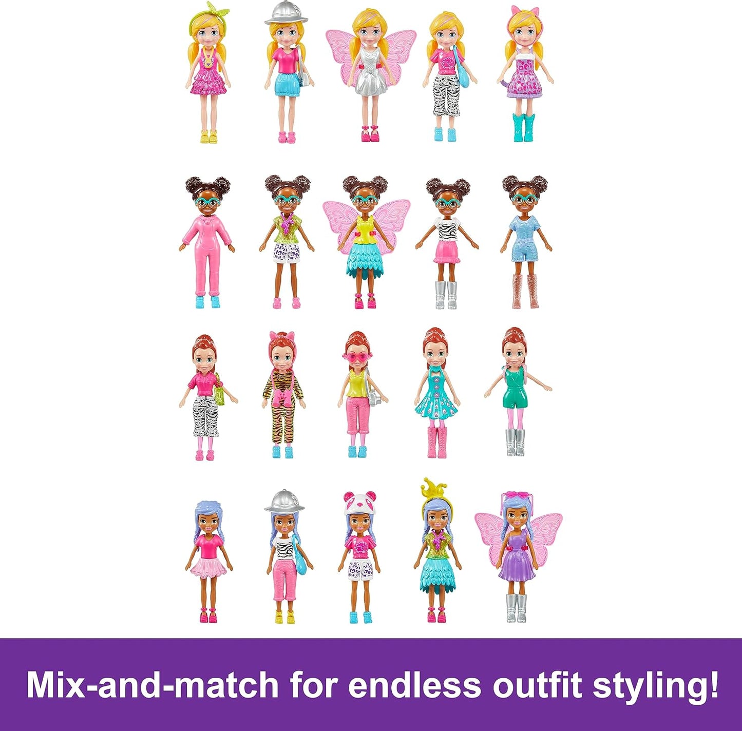 Polly Pocket Conjunto com 4 bonecas, 3 animais de estimação e 50 acessórios de moda, coleção de moda Stylin' Safari, estojo com tema de animais