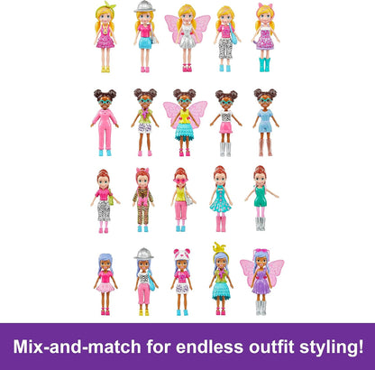 Polly Pocket Conjunto com 4 bonecas, 3 animais de estimação e 50 acessórios de moda, coleção de moda Stylin' Safari, estojo com tema de animais