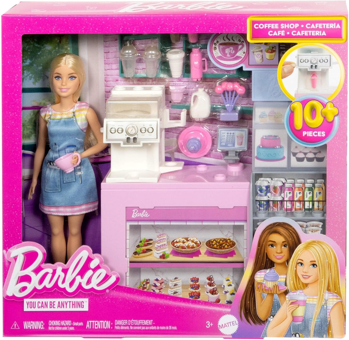 Barbie Conjunto de cafeteria com boneca barista loira e mais de 12 acessórios, incluindo cafeteira e smoothie, comida, xícaras e muito mais, HXN94