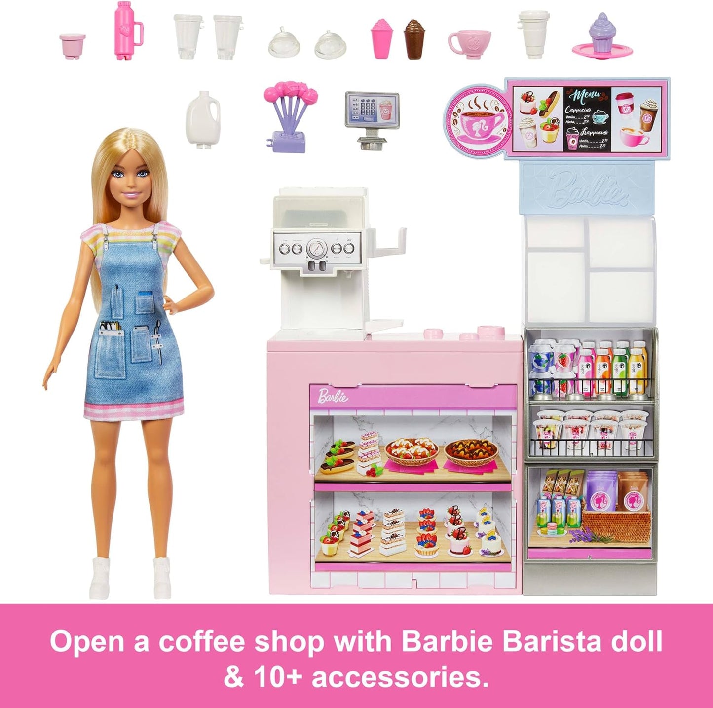 Barbie Conjunto de cafeteria com boneca barista loira e mais de 12 acessórios, incluindo cafeteira e smoothie, comida, xícaras e muito mais, HXN94