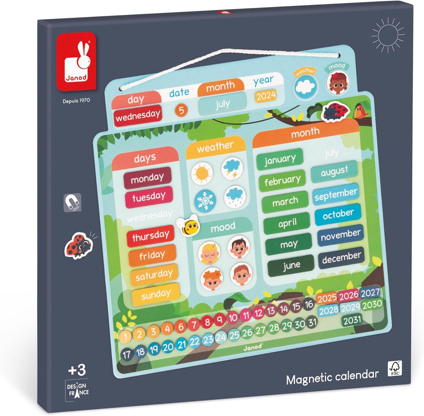 Janod J05459 Calendário Versão Francesa - 71 ímãs - Jogo Educacional - Entenda melhor o conceito de tempo e ganhe autonomia - Brinquedo de papelão FSC - a partir de 3 anos - J05459, Multicolor