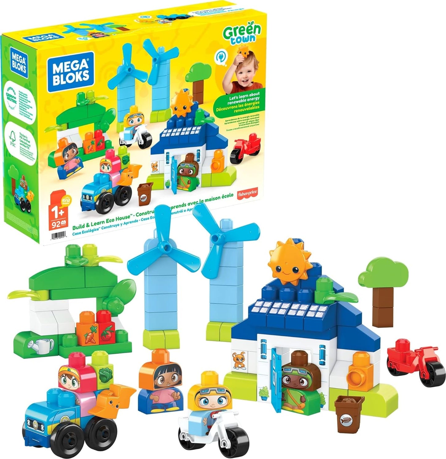 MEGA Blocos de construção para crianças BLOKS Fisher-Price, Green Town Build & Learn Eco House com 88 peças, 4 figuras, crianças de 1 ano ou mais, HCG36