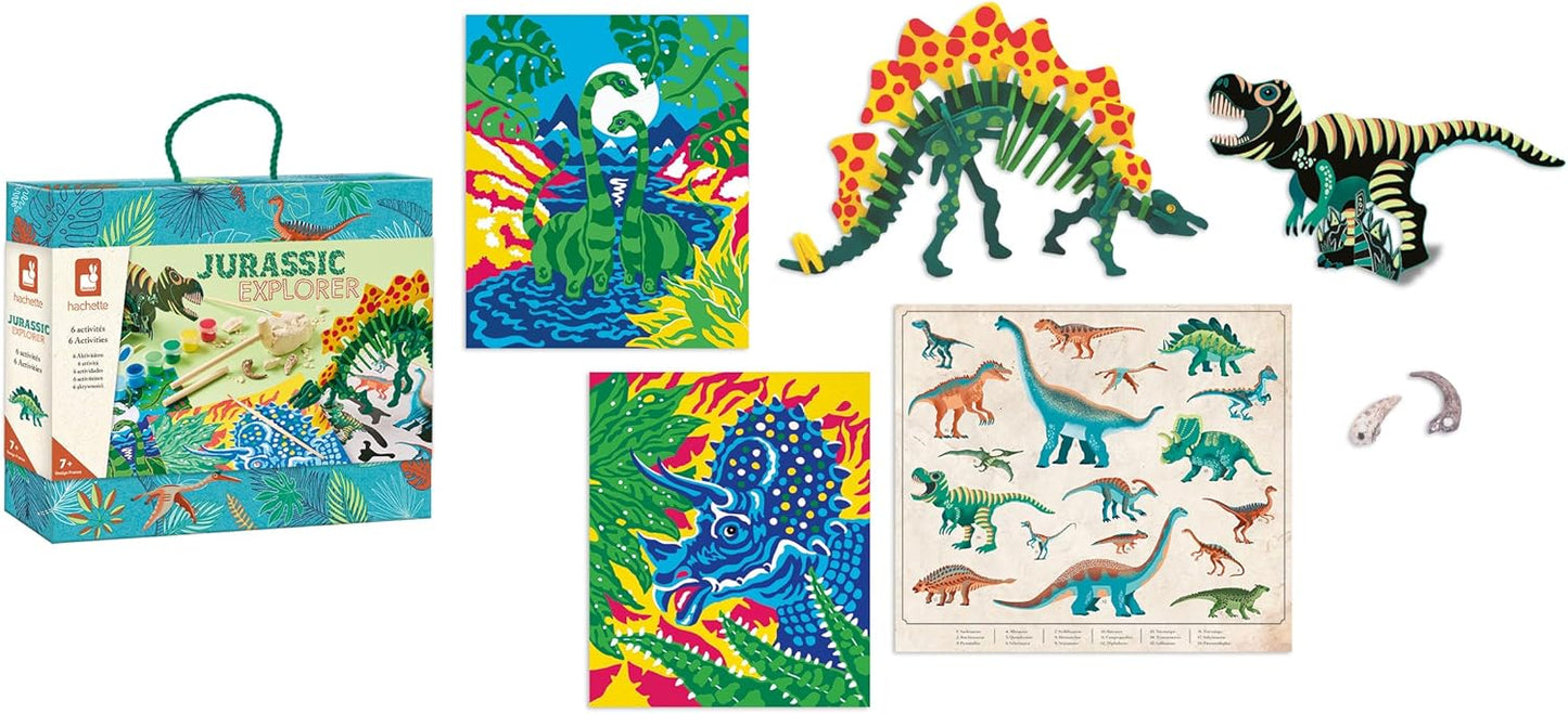 Janod - Jurassic Explorer - Pasta Explorer - Kit de artes e ofícios - 6 atividades diferentes - Brinquedo de atividades artesanais infantis para maiores de 6 anos,