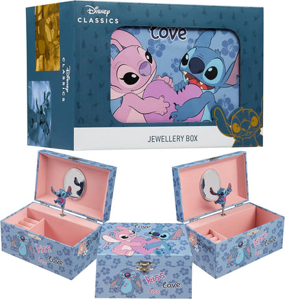 Disney - Joyero Musical Stitch &amp; Angel para Niñas | Licencia oficial | Melodía mágica de cuerda, marioneta giratoria | 18,5 cm largo x 12 cm ancho x 10 cm profundidad, azul, talla única, plástico