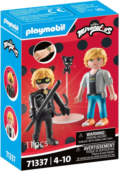 Playmobil 71337 Miraculous: Adrien & Cat Noir, incluindo Kwami Plagg e diversos acessórios, aventura com Ladybug, dramatização divertida e imaginativa, conjuntos de jogos detalhados adequados para crianças de 4 anos ou mais