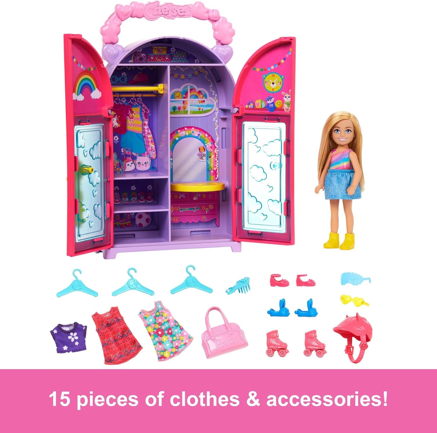 Barbie Chelsea Doll & Closet Toy Playset com 15 peças de roupas e acessórios incluídos, conjunto dobrável para brincar e armazenar em qualquer lugar, HXN03