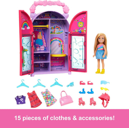 Barbie Chelsea Doll & Closet Toy Playset com 15 peças de roupas e acessórios incluídos, conjunto dobrável para brincar e armazenar em qualquer lugar, HXN03