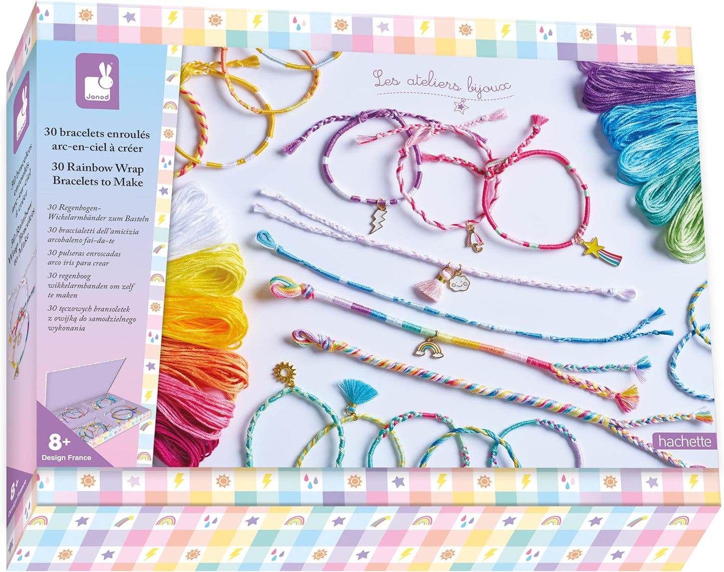 Janod - Kit de pulseira arco-íris - com enrolador - Kit de artes e ofícios - Conjunto infantil que estimula a criatividade - Atividade artesanal infantil - Kit de artes e ofícios para mais de 3 anos,