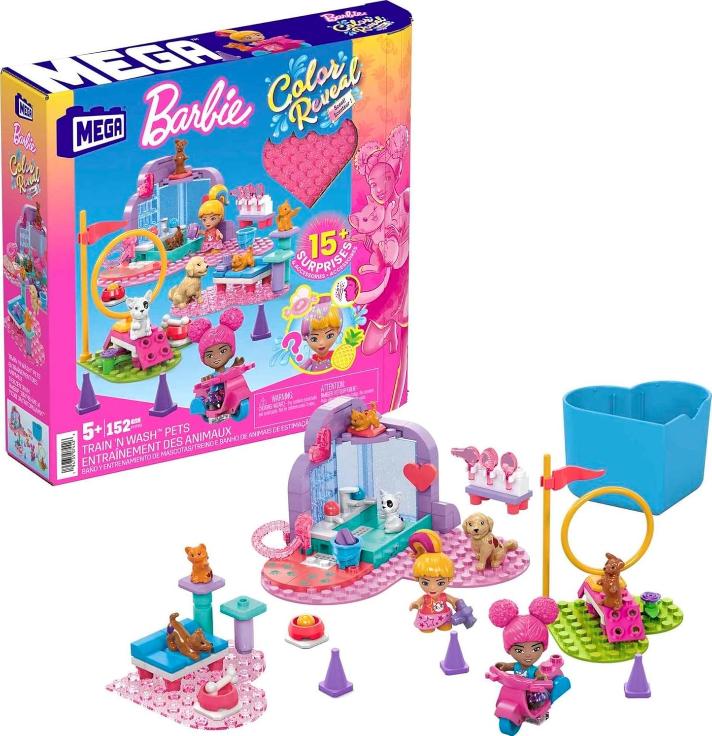 MEGA Barbie Color Reveal Building Toy Playset, Train n Wash Pets com 152 peças, 15 surpresas, acessórios e 6 animais de estimação, crianças de 5 anos ou mais, HHP89