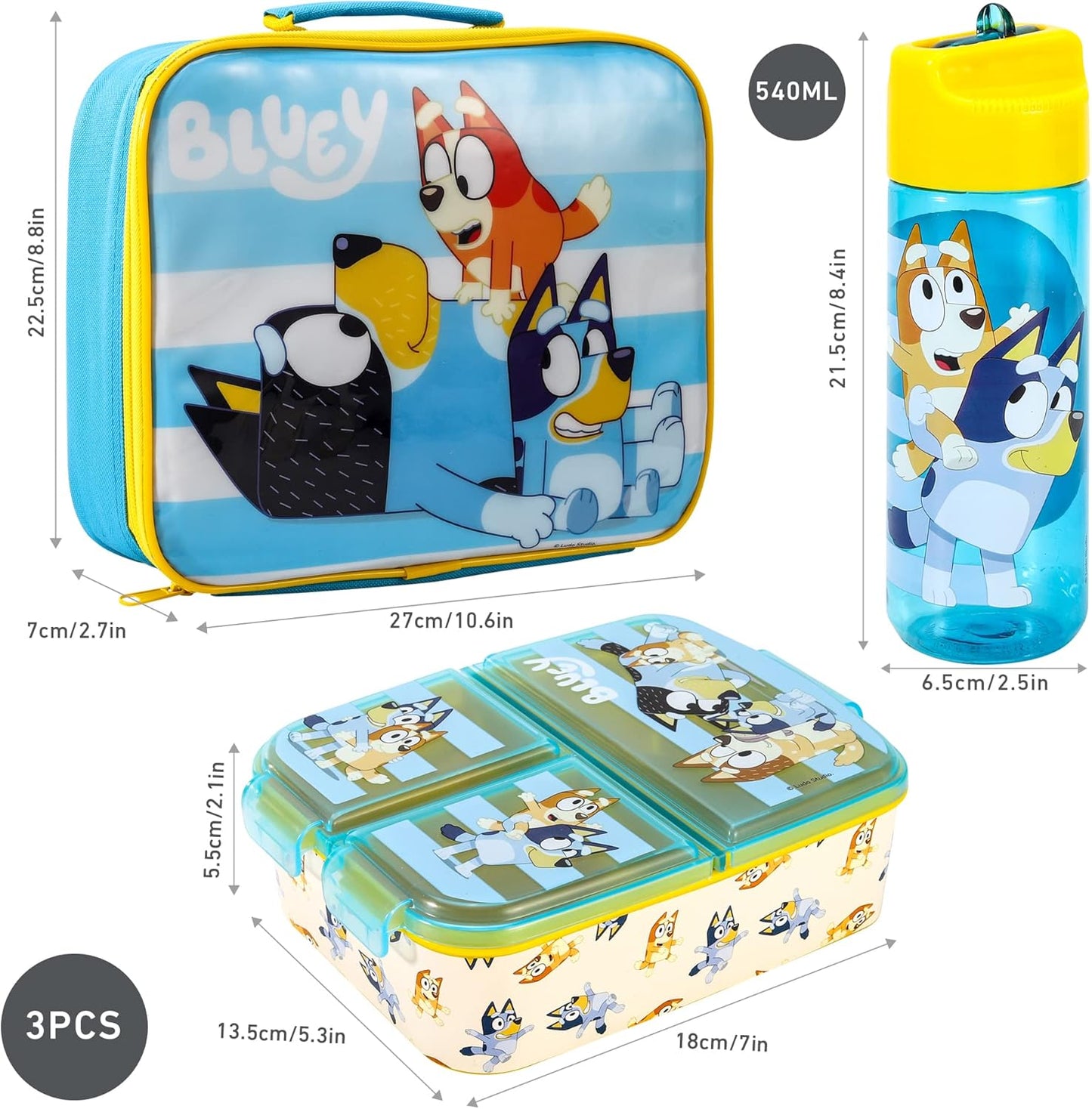 Zawadi Global Conjunto de lancheira infantil Bluey Kids - lancheira isolada, lancheira com vários compartimentos e garrafa de água de 540 ml - conjunto de comida para almoço de viagem escolar, sem BPA