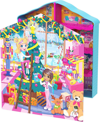 Polly Pocket Calendário do Advento das Bonecas, Playset Gingerbread House com 24 Surpresas, Móveis para Casa de Bonecas, Carro de Brinquedo e Acessórios de Férias, HWP33