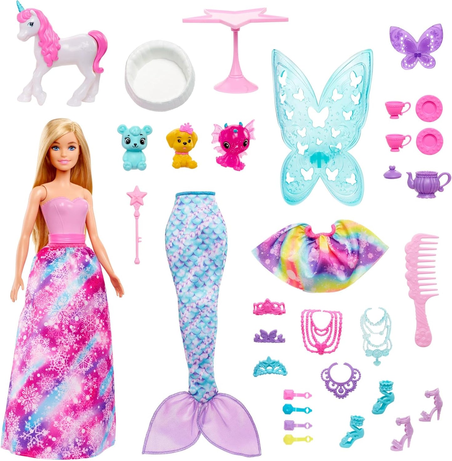 Barbie Boneca Dreamtopia e calendário do advento com 24 surpresas como acessórios de contos de fadas, roupas de sereia e fada e animais de estimação unicórnio e dragão, HVK26