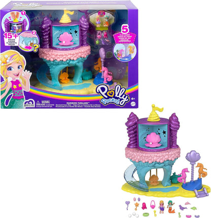 Polly Pocket Conjunto de brinquedos Rainbow Funland Mermaid Cove Ride, bonecas Polly e sereia, 15 acessórios, recurso de dispensador para surpresas