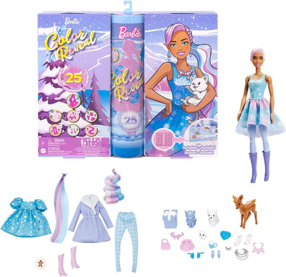 Barbie Calendário do Advento Color Reveal, 1 boneca Color Reveal e 3 animais de estimação, roupas, acessórios e 2 extensões de cabelo, 25 surpresas, presentes de feriado para crianças, HJD60