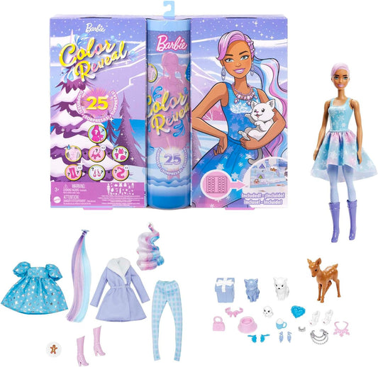 Barbie Calendário do Advento Color Reveal, 1 boneca Color Reveal e 3 animais de estimação, roupas, acessórios e 2 extensões de cabelo, 25 surpresas, presentes de feriado para crianças, HJD60