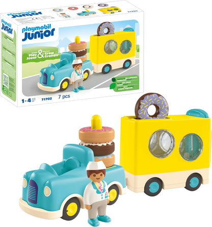 Playmobil 71702 JUNIOR: Crazy Donut Truck com recurso de empilhamento e classificação, brinquedos educativos, feitos de mais de 90% de plásticos à base de plantas, brinquedo para presentear, adequado para crianças de 12 anos