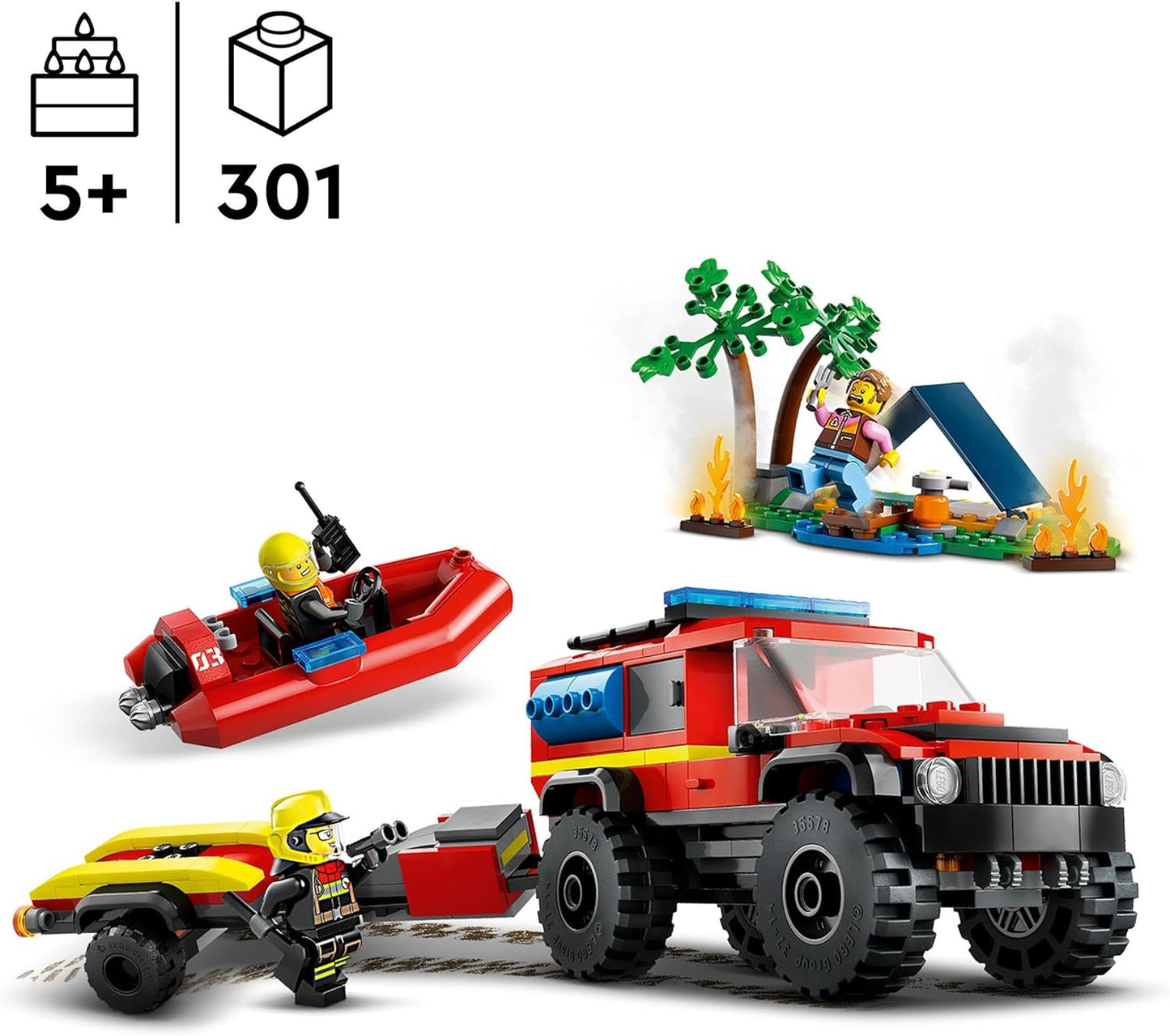 LEGO Carro de bombeiros City 4x4 com brinquedos de construção de barco de resgate para meninos e meninas de mais de 5 anos, conjunto de brincadeiras imaginativas inclui um bote, trailer, barraca, trailer