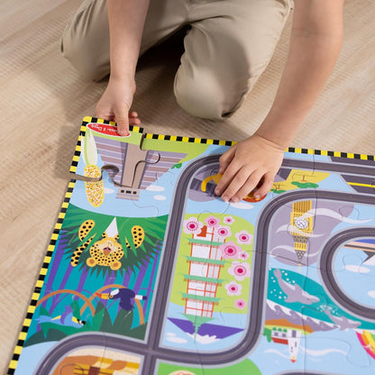 Melissa e Doug Race Around the World Tracks quebra-cabeças de papelão e veículos de corda, tabuleiro ocupado, quebra-cabeças para crianças de 3 anos, brinquedos Montessori