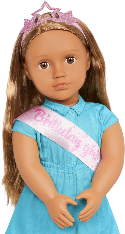 Muñeca Anita Girl de Nuestra Generación de 18 pulgadas, muñeca temática de fiesta de cumpleaños con globos y tiara, incluye juego de ropa y accesorios de 7 piezas