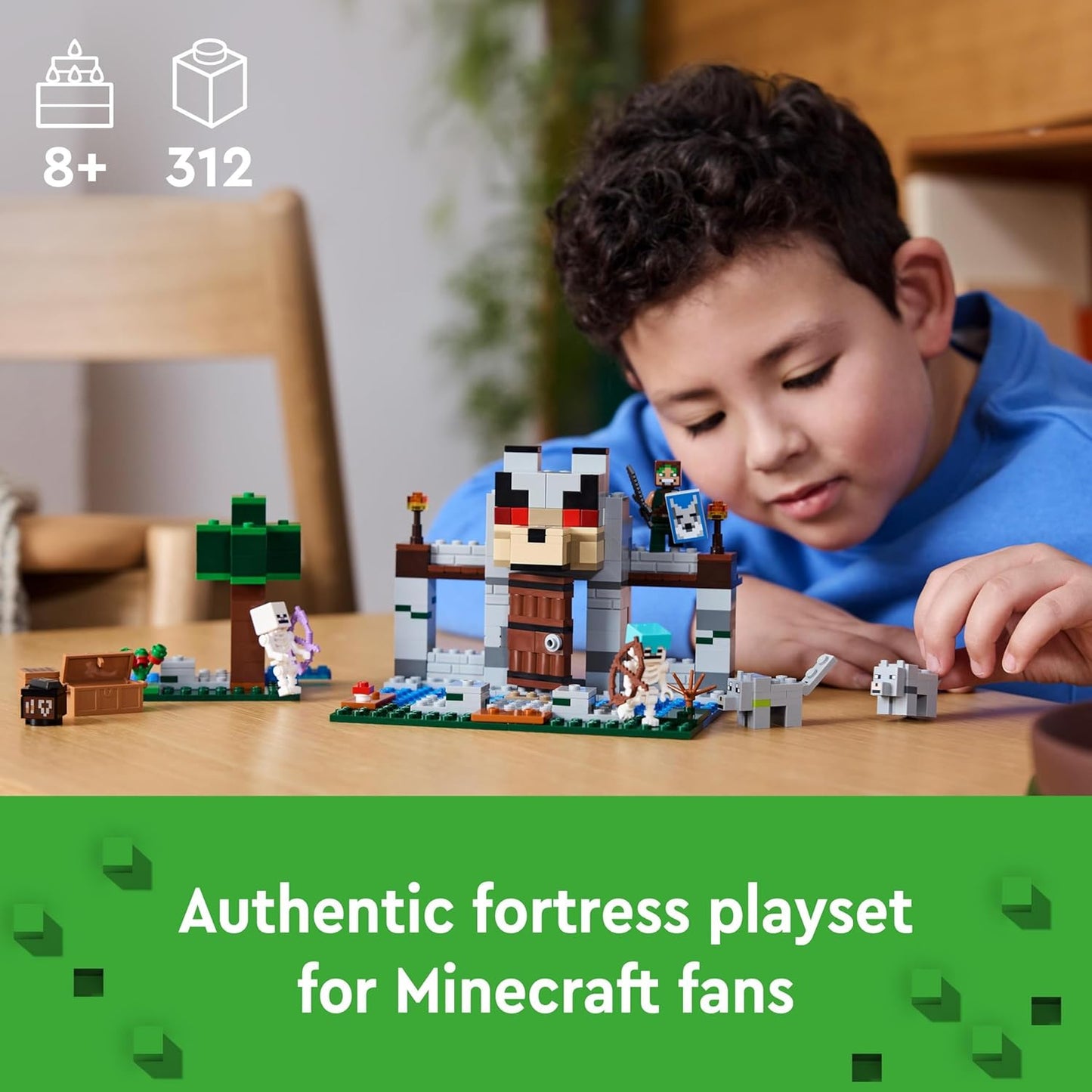 LEGO Conjunto de fortaleza Minecraft The Wolf Stronghold, brinquedo de construção para meninos e meninas de 8 anos ou mais, inclui mesa de artesanato, 2 figuras de esqueleto e lobo para ação de castelo, presente de aniversário para crianças 21261