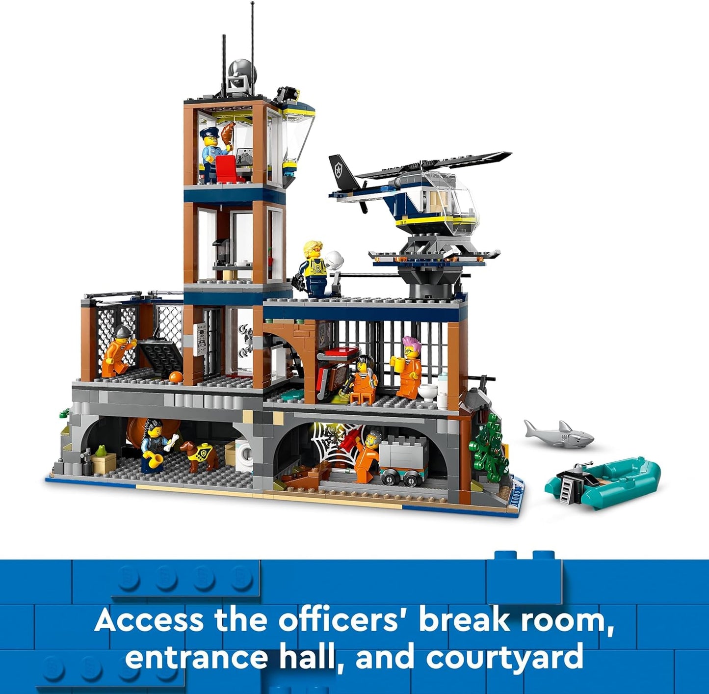 LEGO Brinquedo da Ilha da Prisão da Polícia Municipal para meninos, meninas e crianças com mais de 7 anos, conjunto de veículos de emergência com helicóptero, barco, 7 minifiguras, figuras de cachorro e tubarão para brincadeiras