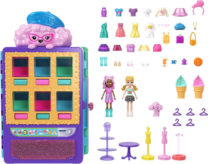 Polly Pocket Playset e 2 bonecas (3 polegadas), máquina de venda automática estilo doce, 2 andares, mais de 35 peças de móveis, roupas e acessórios, HKW12