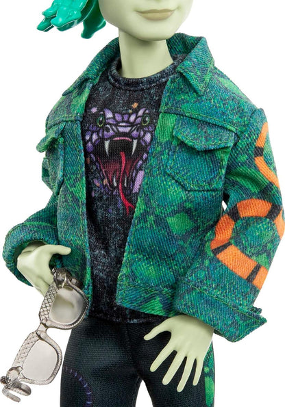 Monster High Boneca posável Deuce Gorgon, animal de estimação e acessórios, jaqueta jeans de cobra, óculos de sol coloridos, brinquedos infantis, conjunto de presente