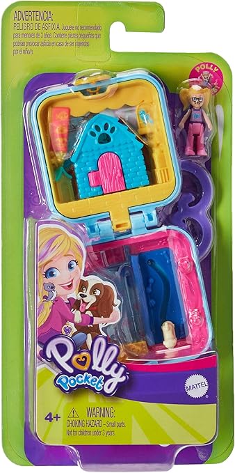 Polly Pocket Pet Center compacto com casinha de cachorro removível, surpresa revela, personalização de fotos, micro boneca com 5 juntas móveis, ótimo presente para maiores de 4 anos