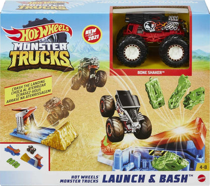 Hot Wheels Monster Trucks Launch & Bash Play Set com lançador, 4 carros esmagados, 1 Monster Truck escala 1:64, presente para crianças de 4 a 8 anos - GVK08