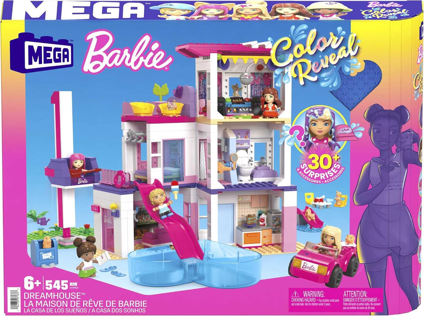 MEGA Conjunto de construção Barbie Color Reveal DreamHouse com mais de 25 surpresas, 5 microbonecas e 6 animais, conjunto de brinquedos para presente para maiores de 5 anos, HHM01