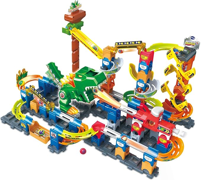 VTech Marble Rush Magentic Dino Adventure, Set de Construcción para Niños, 10 Canicas y 100 Piezas de Construcción, Juguete de Construcción, Dinosaur Marble Rush con Efectos de Luz y Sonido para 4, 5, 6 años + Versión en Inglés