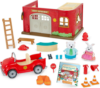 Li'l Woodzeez WZ6828SZ Li’l Woodzeez – Quartel de bombeiros de brinquedo – Conjunto de estatuetas de animais – Caminhão e acessórios – Livro de histórias incluído – 3 anos + – Honeysuckle Hollow Safety Department-Deluxe, Multi