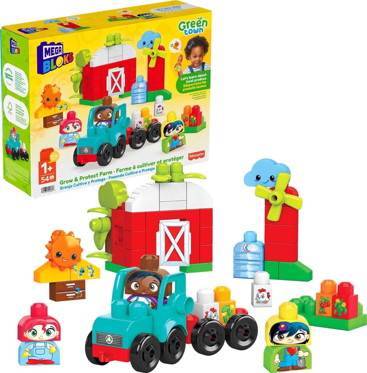 MEGA Blocos de construção para crianças BLOKS Fisher-Price, Green Town Grow & Protect Farm com 51 peças, 3 figuras, crianças de 1 ano ou mais, HDL07