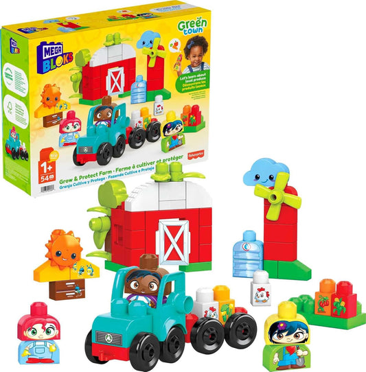 MEGA BLOKS Fisher-Price Blocos de construção para crianças, Green Town Grow & Protect Farm com 51 peças, 3 figuras, crianças de 1 ano ou mais, HDL07