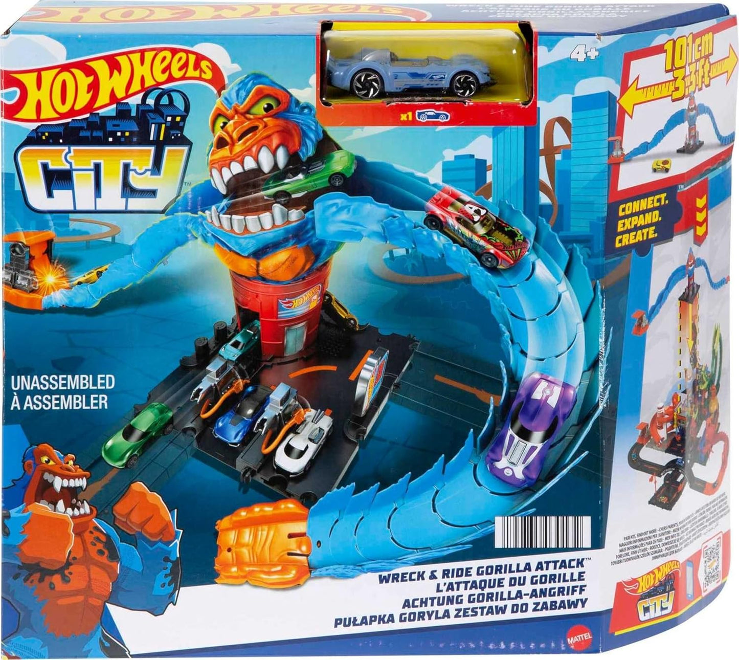 Hot Wheels City Wreck & Ride Gorilla Attack com 1 carro Hot Wheels, conecta-se a outros conjuntos, tema de posto de gasolina, presente para crianças a partir de 4 anos, HDR30