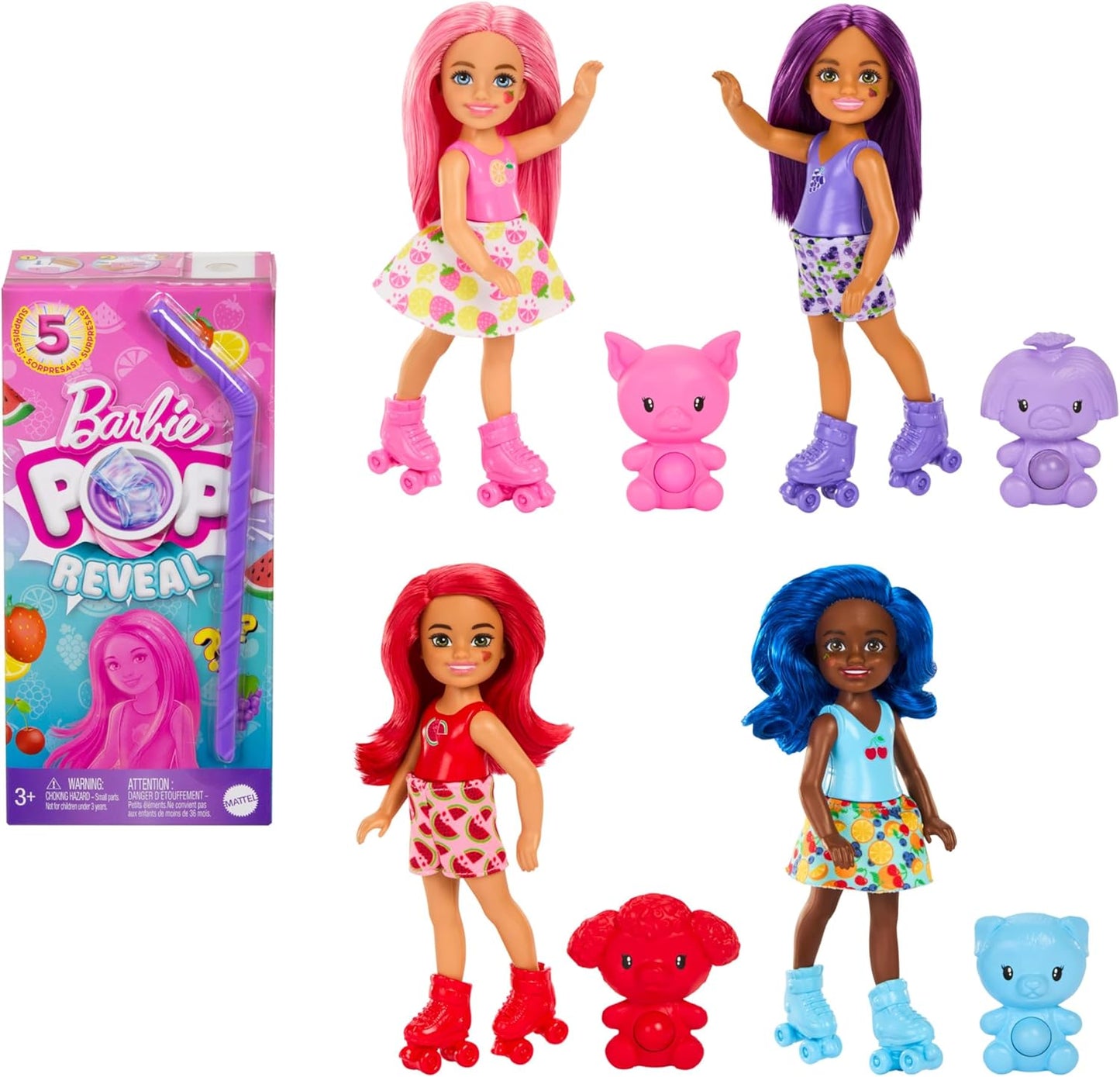 Barbie  Boneca pequena Pop Reveal Chelsea, série Fruit com 5 surpresas, incluindo bichinho de estimação Pop-It e acessórios, com aroma e mudança de cor (os estilos podem variar), HRK58