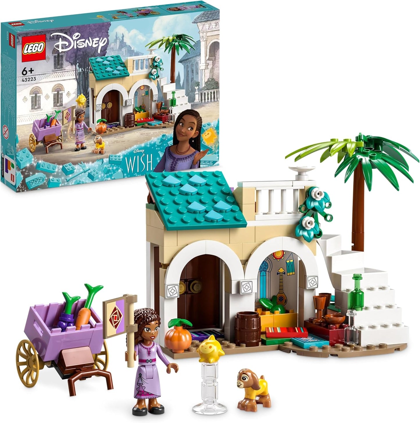 LEGO 43223 Disney Wish Asha na cidade de Rosas, Wish Movie Set com miniboneca Asha, brinquedo de cabra Valentino e bonecos de estrela, presente para crianças, meninas e meninos com mais de 6 anos