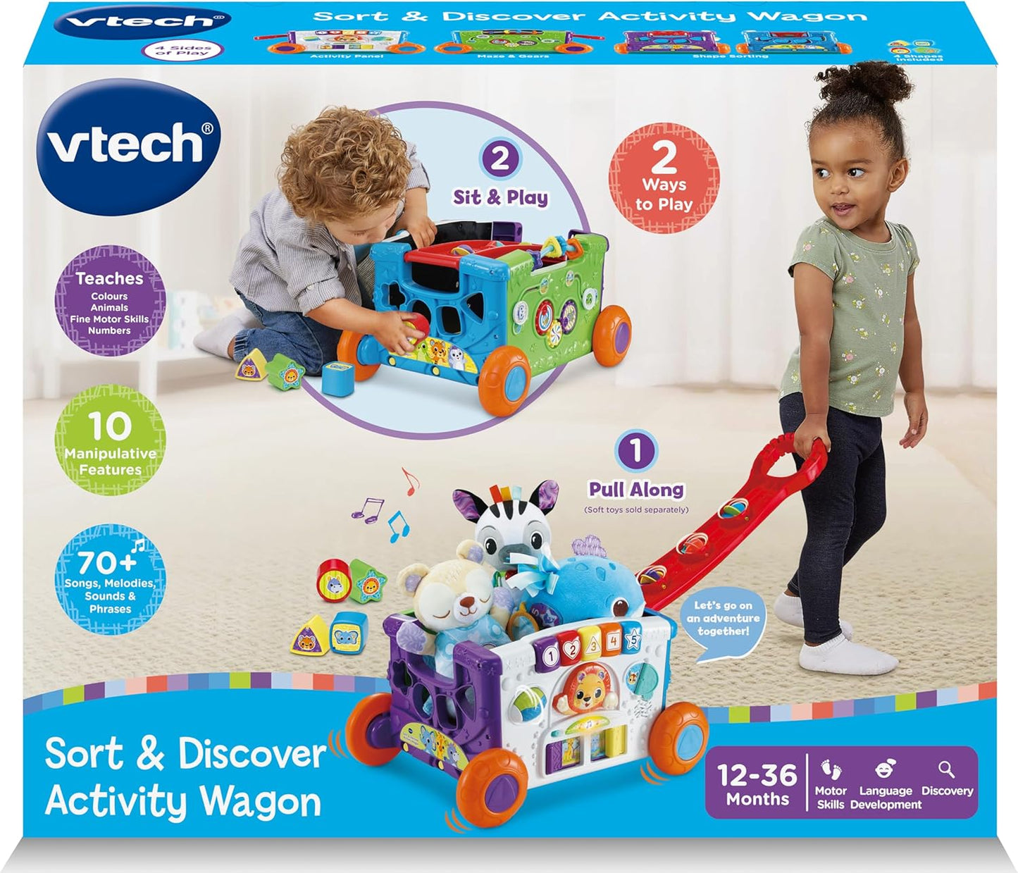 VTech Carrinho de atividades Baby Sort & Discover, Painel de atividades com luzes e materiais manipuláveis, animais, números e cores, brinquedo interativo, presente para crianças de 12, 18, 24 meses ou mais, versão em inglês