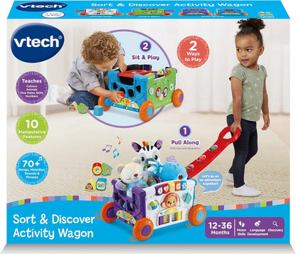 VTech Carrinho de atividades Baby Sort & Discover, Painel de atividades com luzes e materiais manipuláveis, animais, números e cores, brinquedo interativo, presente para crianças de 12, 18, 24 meses ou mais, versão em inglês