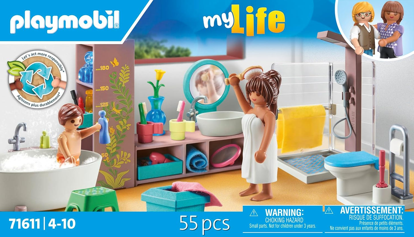 Playmobil 71611 myLife: Banheiro, incluindo duas figuras e vários acessórios, feito com mais de 80% de materiais reciclados e de base biológica, conjuntos de jogos detalhados adequados para crianças a partir de 4 anos