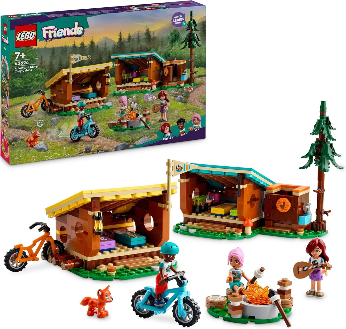 LEGO Conjunto de brinquedos de acampamento Friends Adventure Camp Cozy Cabins, conjunto infantil de natureza, brincadeira de simulação para meninas e meninos de 7 anos ou mais, com 3 personagens minibonecas e uma raposa 42624