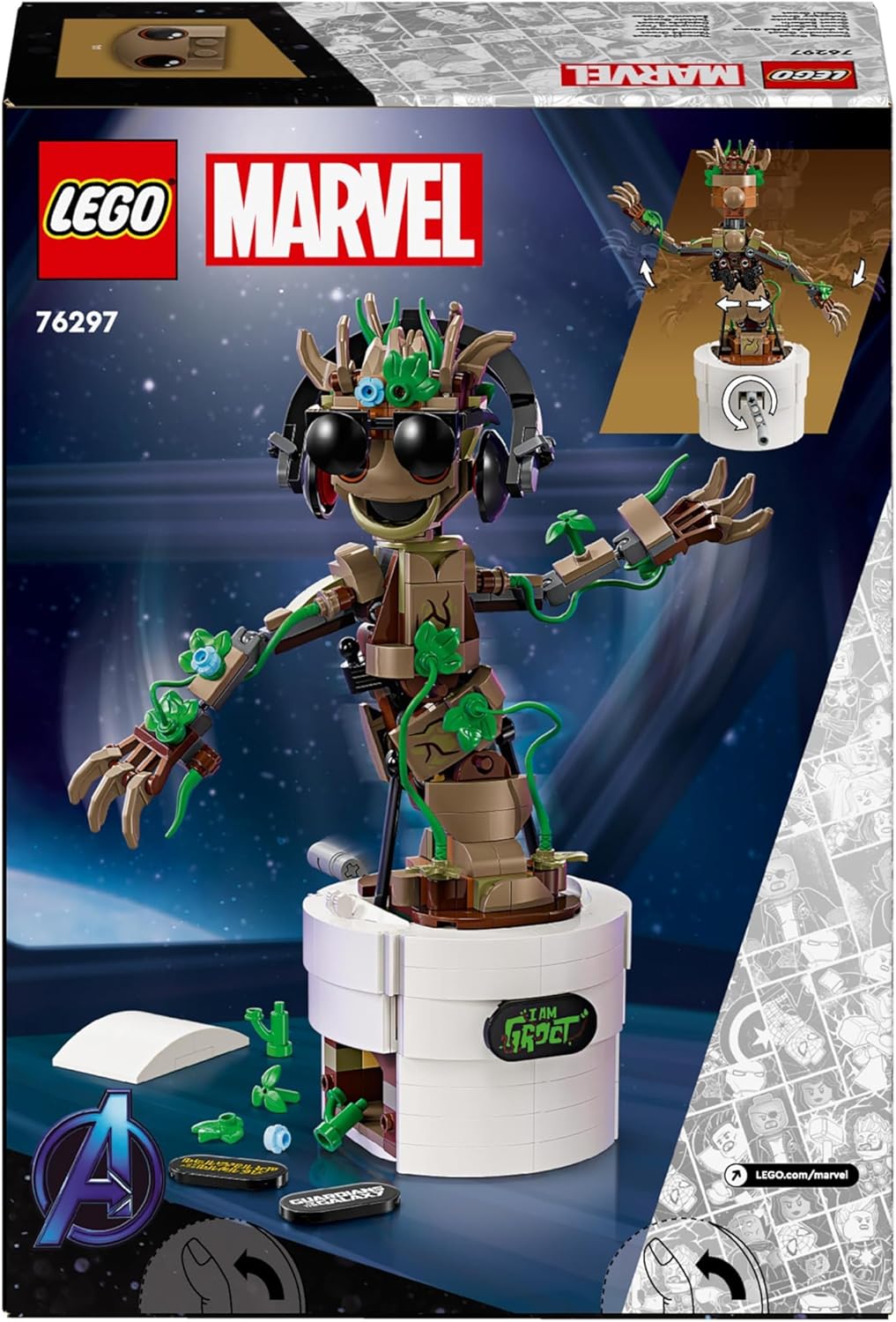 LEGO Marvel Dancing Groot Brinquedo animado para construir, personagem dos Guardiões da Galáxia, conjunto interativo manual para crianças, presente de super-herói para meninos e meninas com mais de 10 anos