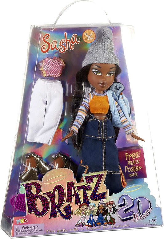 Bratz 573449EUC Sasha 20 edição especial boneca da moda original embalagem holográfica e pôster-colecionável-motivo 20 Yearz, Fan Fave relançamento 2001 réplica-inclui 2 roupas, sapatos, bolsa