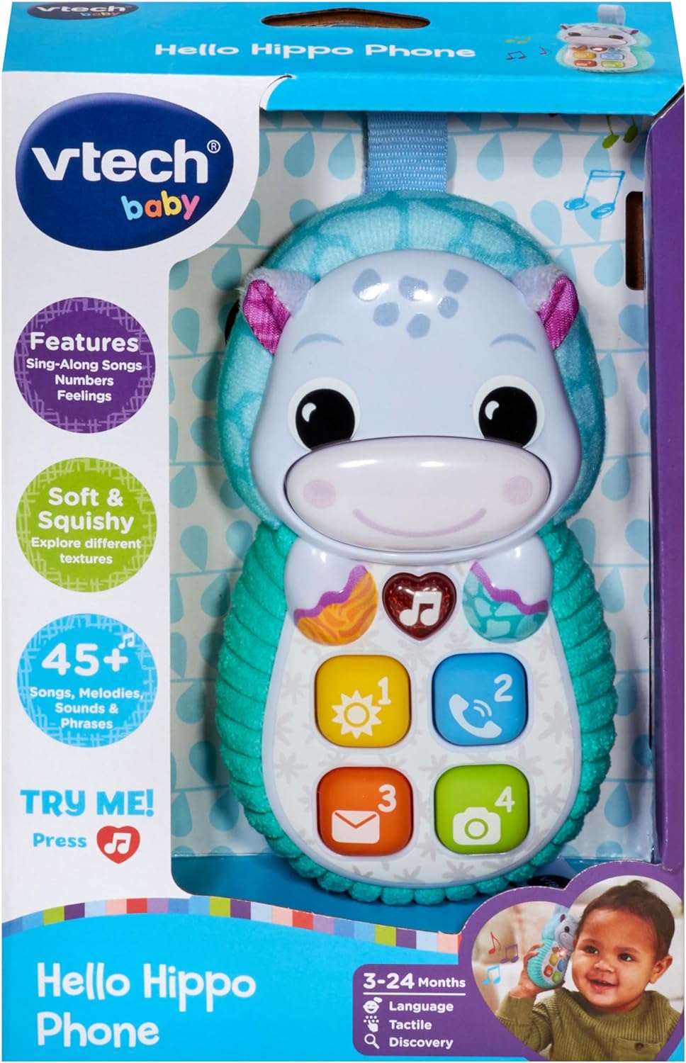 VTech Baby Hello Hippo Teléfono, Teléfono de Juguete para Bebé con Botones Blandos, Números, Colores y Primeras Palabras, Texturas para Juego Sensorial, Regalo para Bebés 3, 6, 9, 12, 18 Meses+, Versión en Inglés