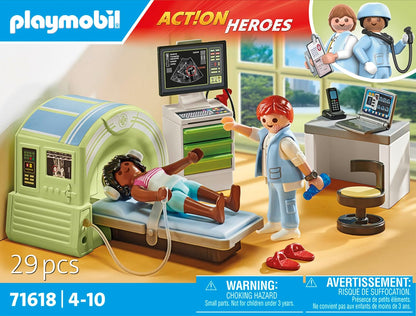 Playmobil 71618 Action Heroes: ressonância magnética com paciente, exame realista pelo radiologista, feito com mais de 80% de materiais reciclados e de base biológica, conjuntos de jogos detalhados adequados para crianças com mais de 4 anos