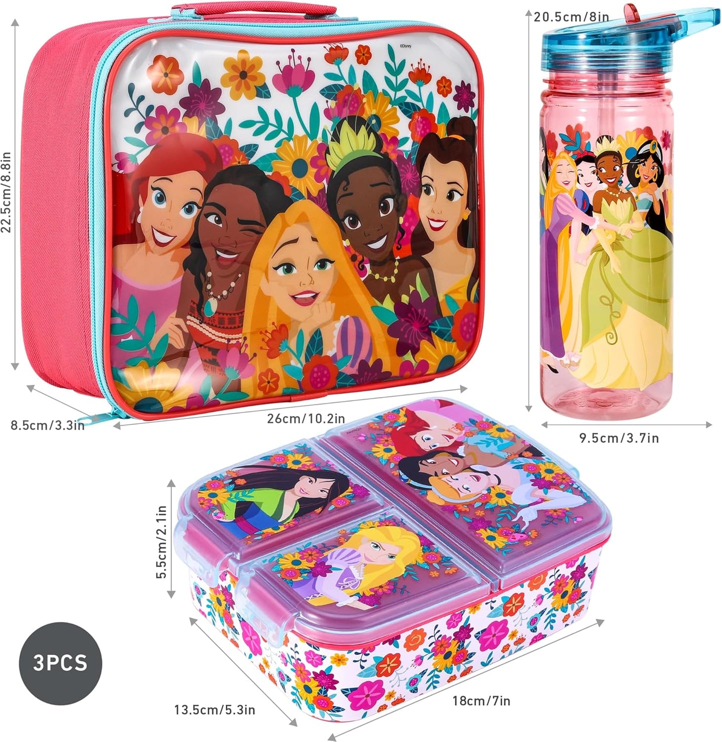 Zawadi Global Conjunto de lancheira infantil Disney Princess Kids - lancheira isolada, lancheira com vários compartimentos e garrafa de água de 580 ml - conjunto de comida para almoço de viagem escolar, sem BPA