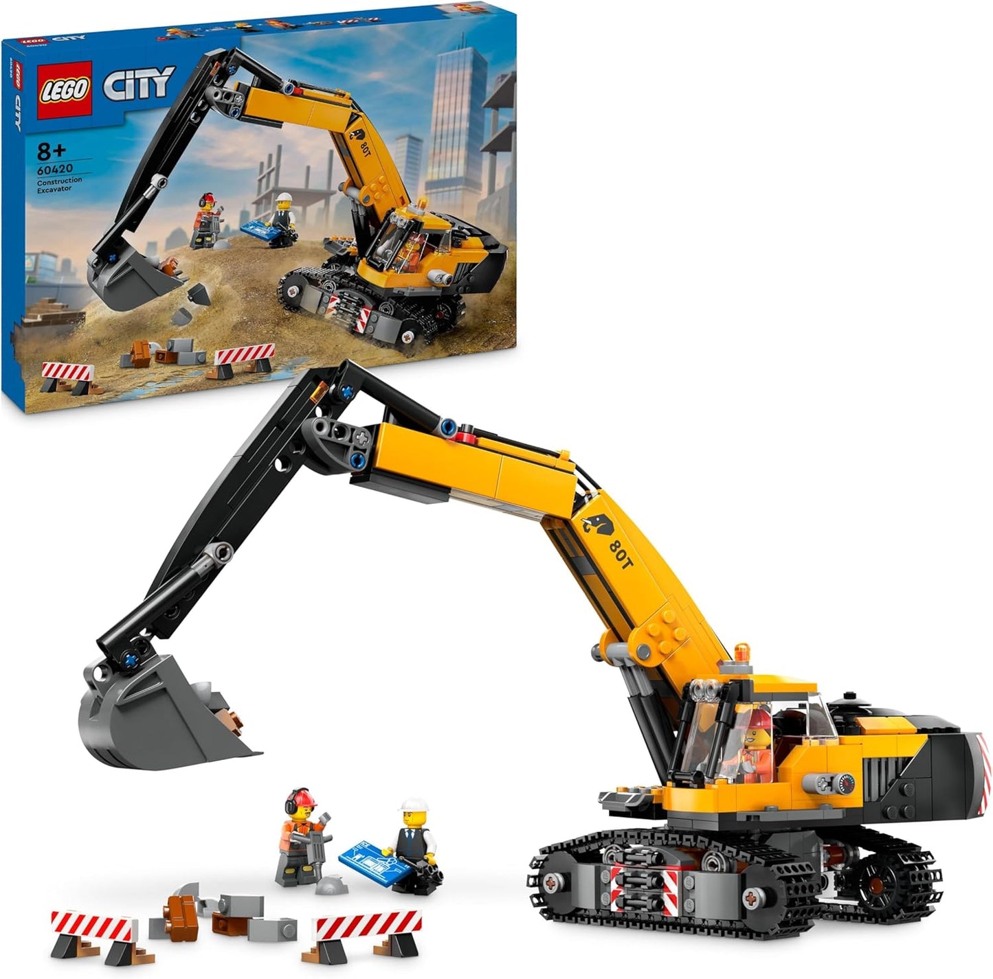 LEGO  Escavadeira de construção City Yellow Toy Digger para meninos, meninas e crianças de 8 anos ou mais, conjunto de veículos com minifiguras de motorista, trabalhador e arquiteto para dramatização divertida, ideia de presente de aniversário 60420