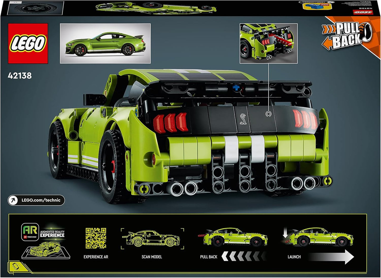 LEGO Conjunto Technic Ford Mustang Shelby GT500, kit de construção de modelo de carro de corrida de brinquedo Pull Back Drag, presentes para crianças e adolescentes com recurso AR App Play 42138