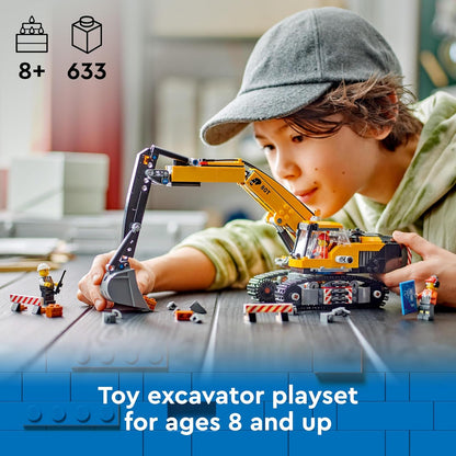 LEGO  Escavadeira de construção City Yellow Toy Digger para meninos, meninas e crianças de 8 anos ou mais, conjunto de veículos com minifiguras de motorista, trabalhador e arquiteto para dramatização divertida, ideia de presente de aniversário 60420