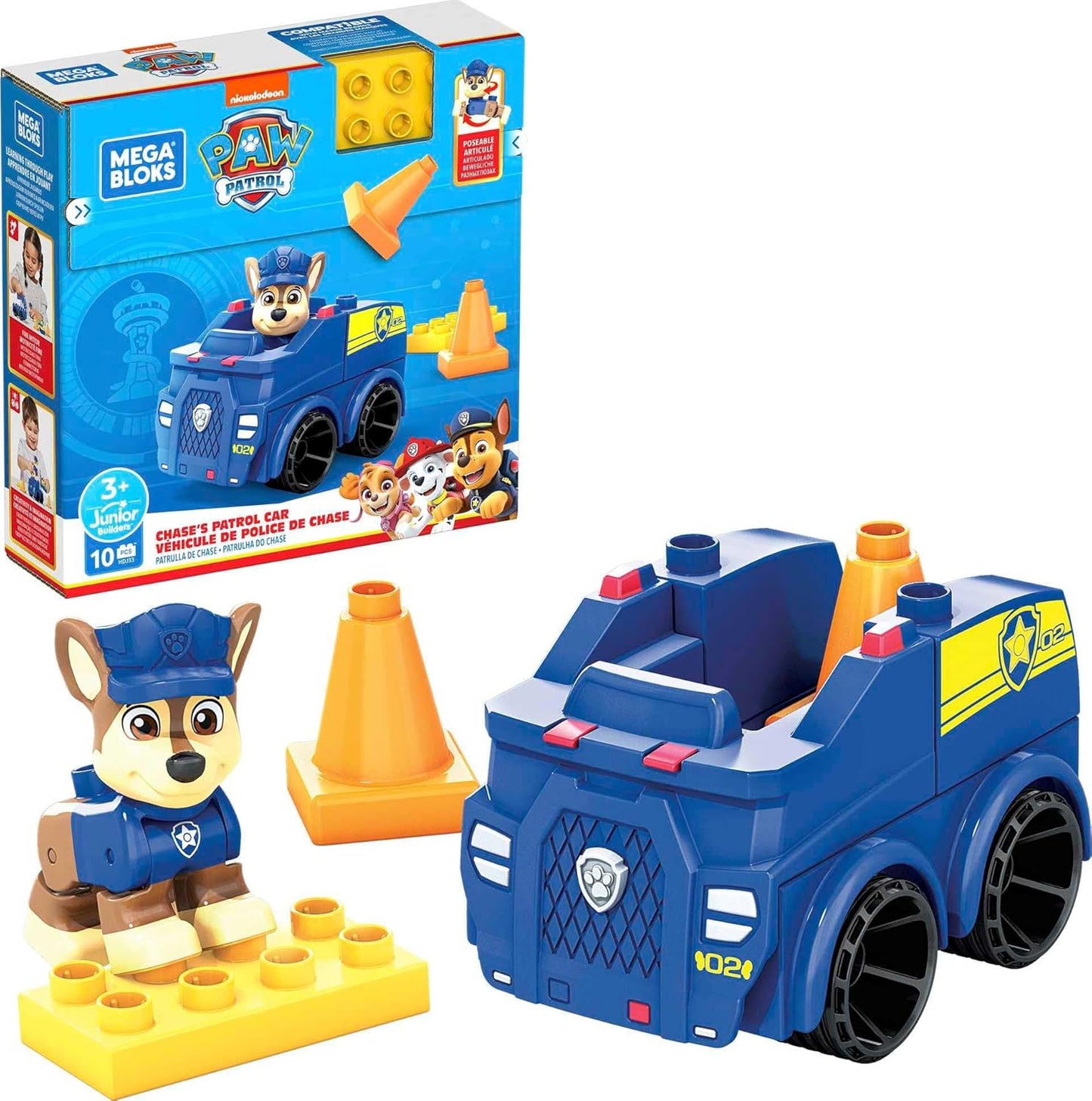 Mega Conjunto de construção de carro de polícia Bloks PAW Patrol Chase - Inclui figura posável de Chase - Blocos de construção magnéticos - Pilões empilháveis - Presente para crianças 3+